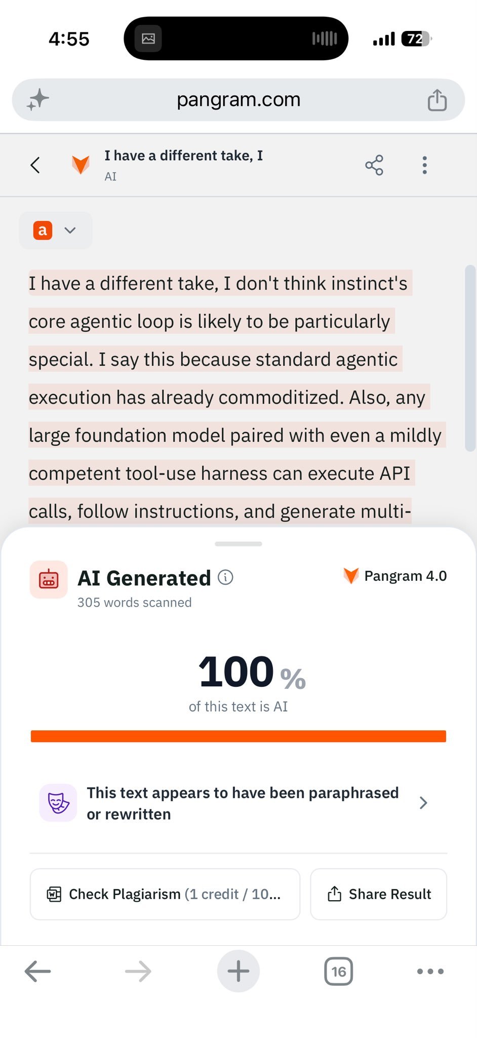 iPhone screenshot of Pangram 4.0 scoring a passage of the essay as 100 percent AI, flagged as paraphrased or rewritten.