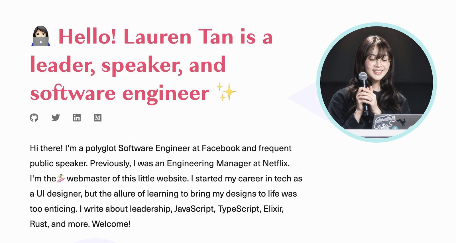 Archived no.lol homepage introducing Lauren Tan as a leader, speaker, and software engineer at Facebook, previously an engineering manager at Netflix.