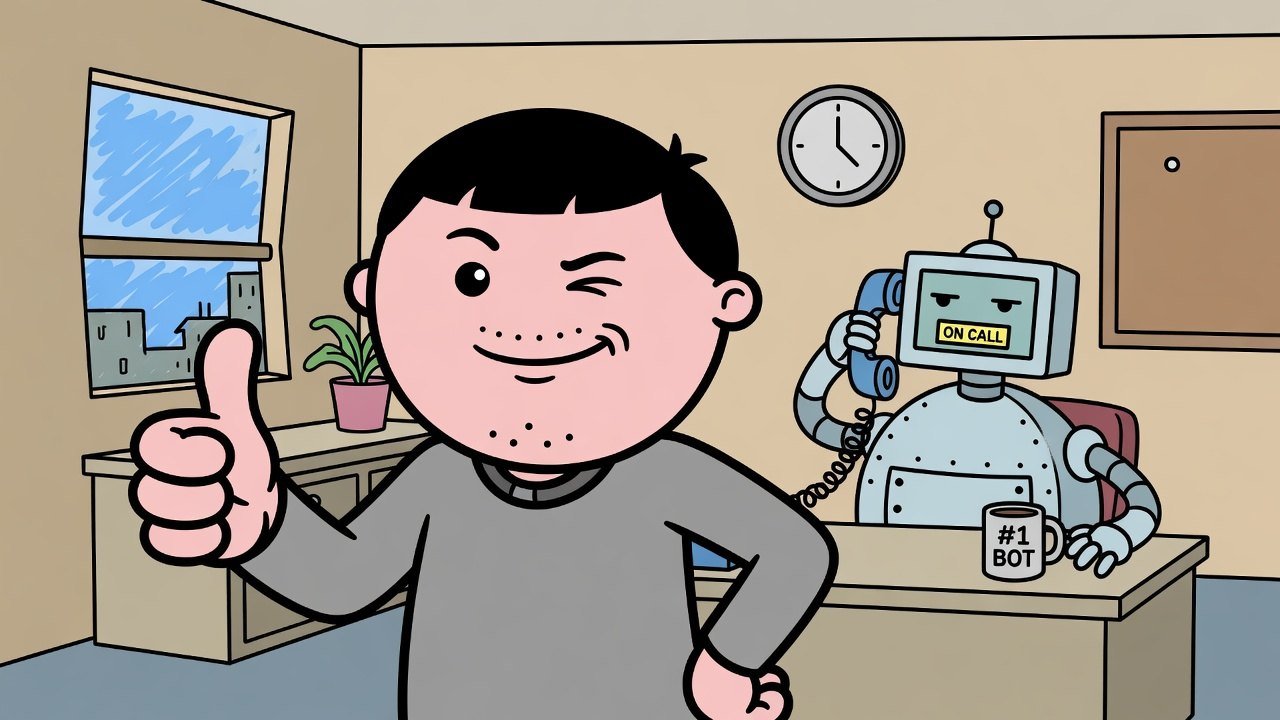 Simple cartoon: a man winks and gives a thumbs-up while a robot takes a call at his desk.
