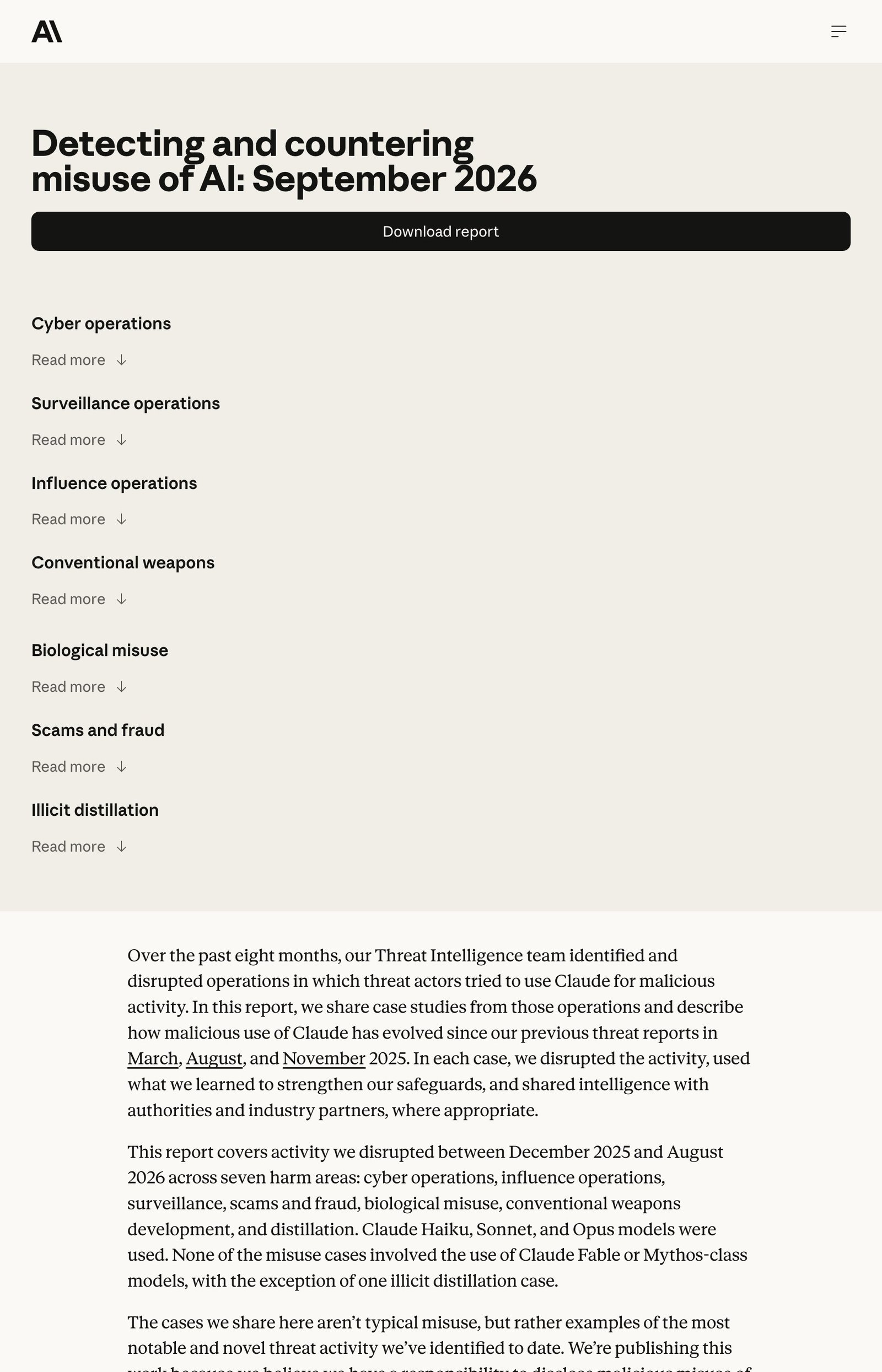 Opening of Anthropic's September 2026 threat report, titled Detecting and countering misuse of AI.