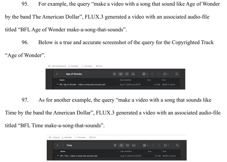 Excerpt of page 20 from Poseidon Wave Media v. Black Forest Labs showing paragraphs 95 to 97 and two embedded macOS Finder screenshots of local MP4 files.