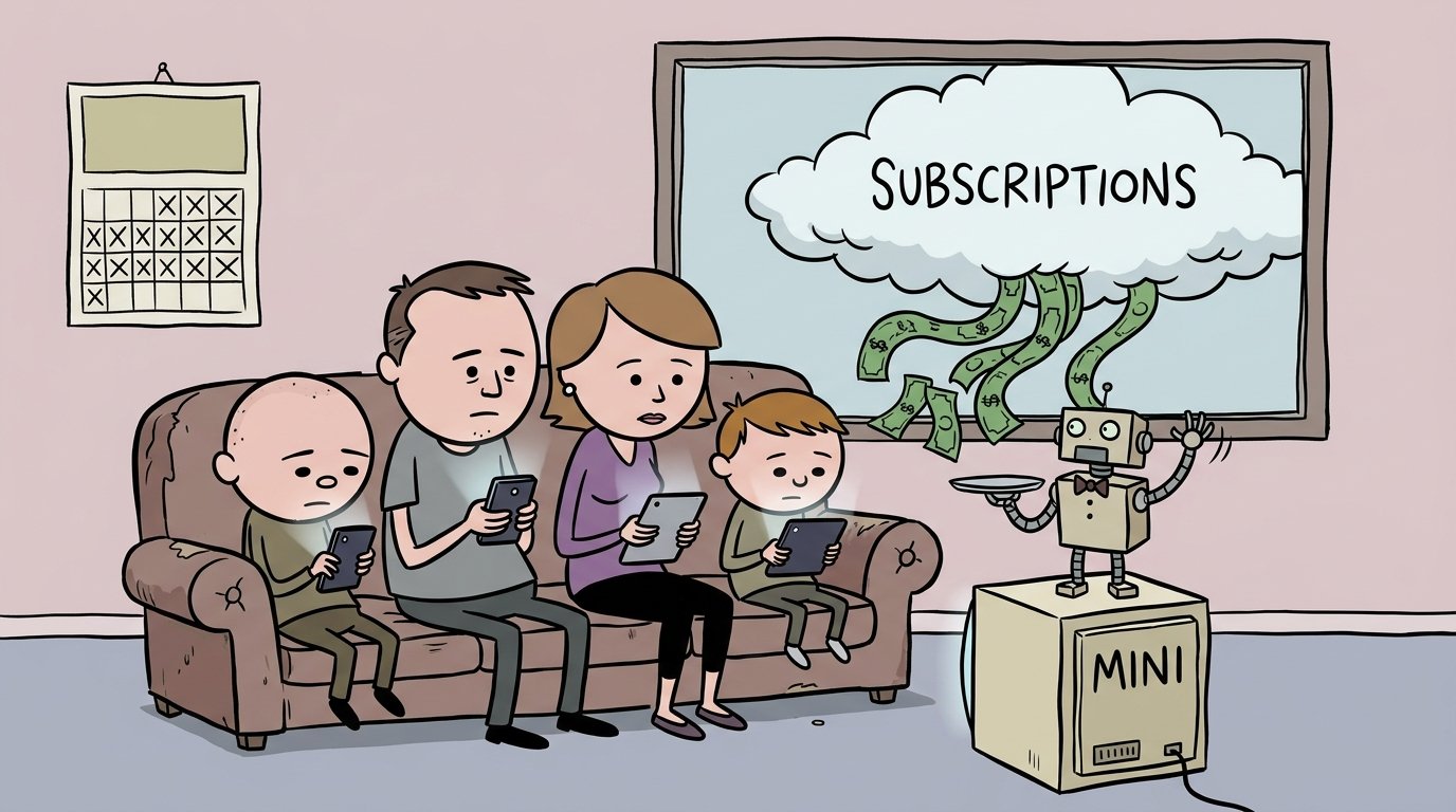 Ricky Gervais Show-style cartoon: a family of four sits on a sofa absorbed in phones and tablets while a SUBSCRIPTIONS cloud rains dollar bills through the window; a small robot butler in a bow tie stands on a box labeled MINI, blocking the tentacles like a goalkeeper. A wall calendar shows 24 boxes crossed off.