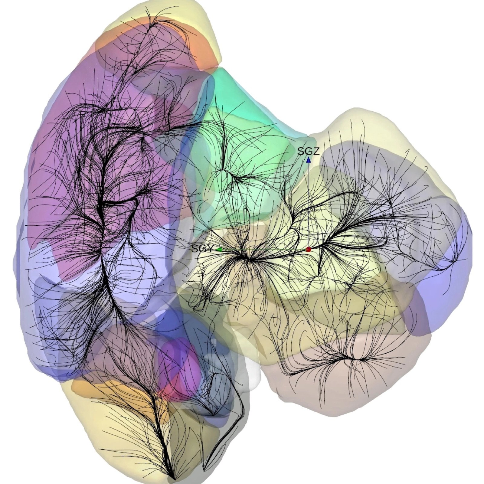 Laniakea supercluster visualization: a web of galaxy filaments with a tiny red dot marking the Milky Way.