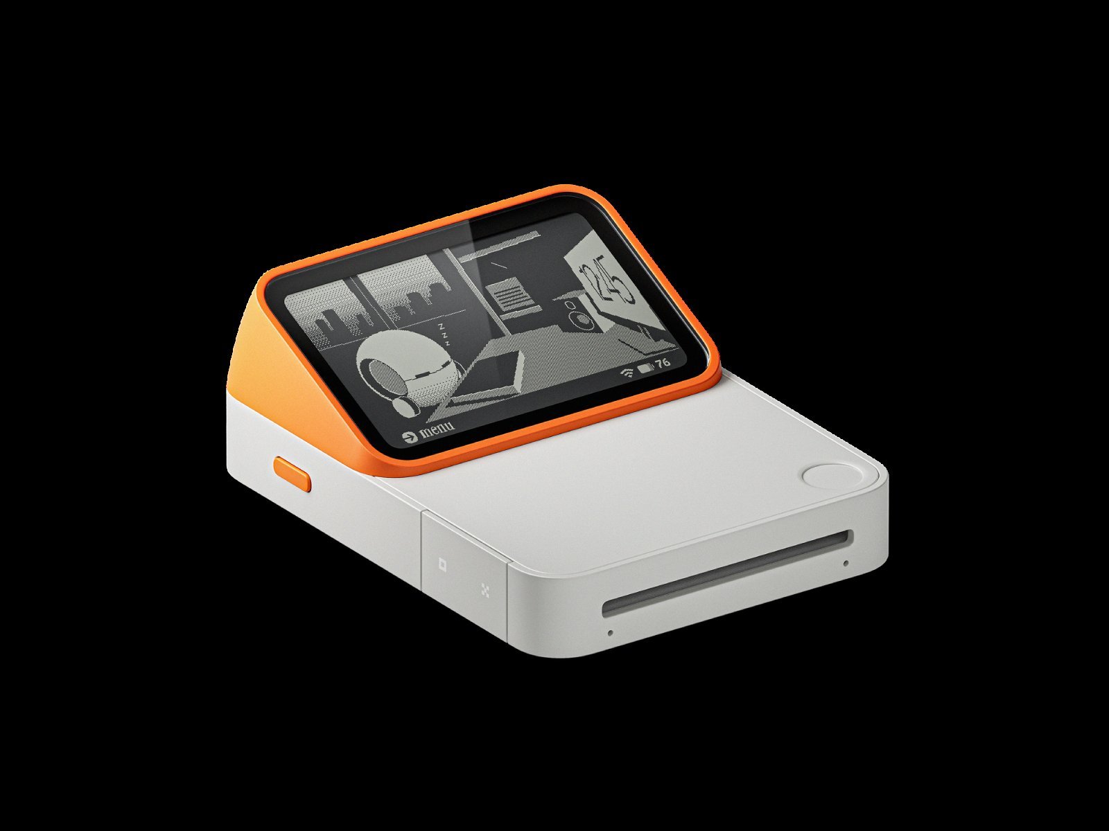 White Lapis One, isometric view, aluminum housing and small memory LCD on top.