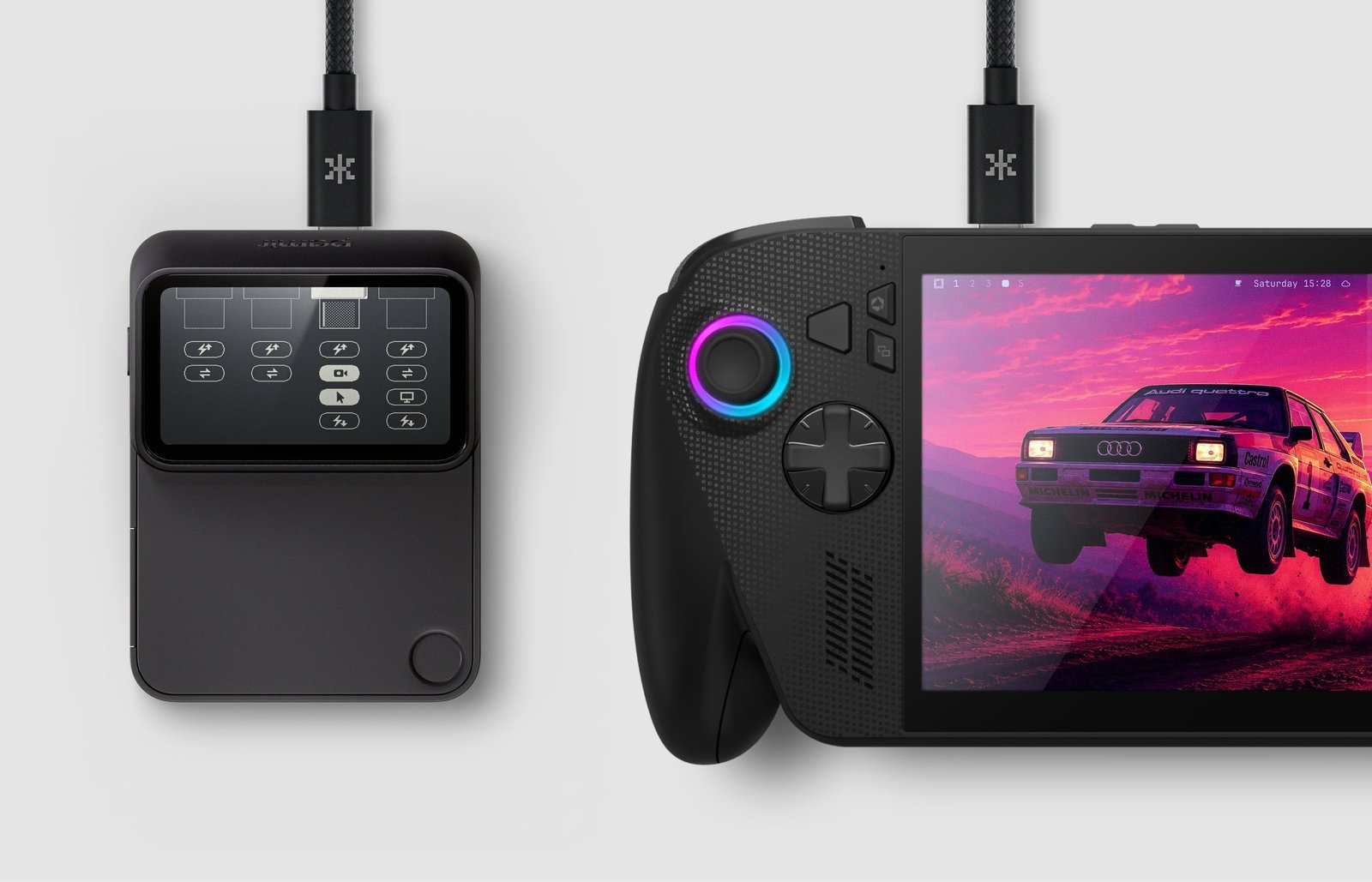 A Lapis One connected by USB-C cables to a handheld gaming PC.