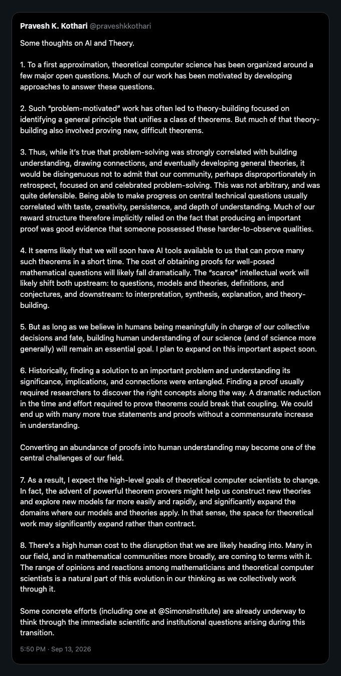 Recovered full text of Pravesh K. Kothari's 13 September 2026 post, Some thoughts on AI and Theory.