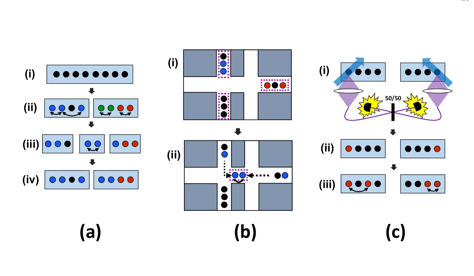 Three schematic panels from the 2019 review. Panel a shows a linear array of ions being progressively split and recombined. Panel b shows a two-dimensional trap with modules of ions shuttled through X-junctions into an interaction region. Panel c shows two separate ion modules linked by a photonic interconnect.