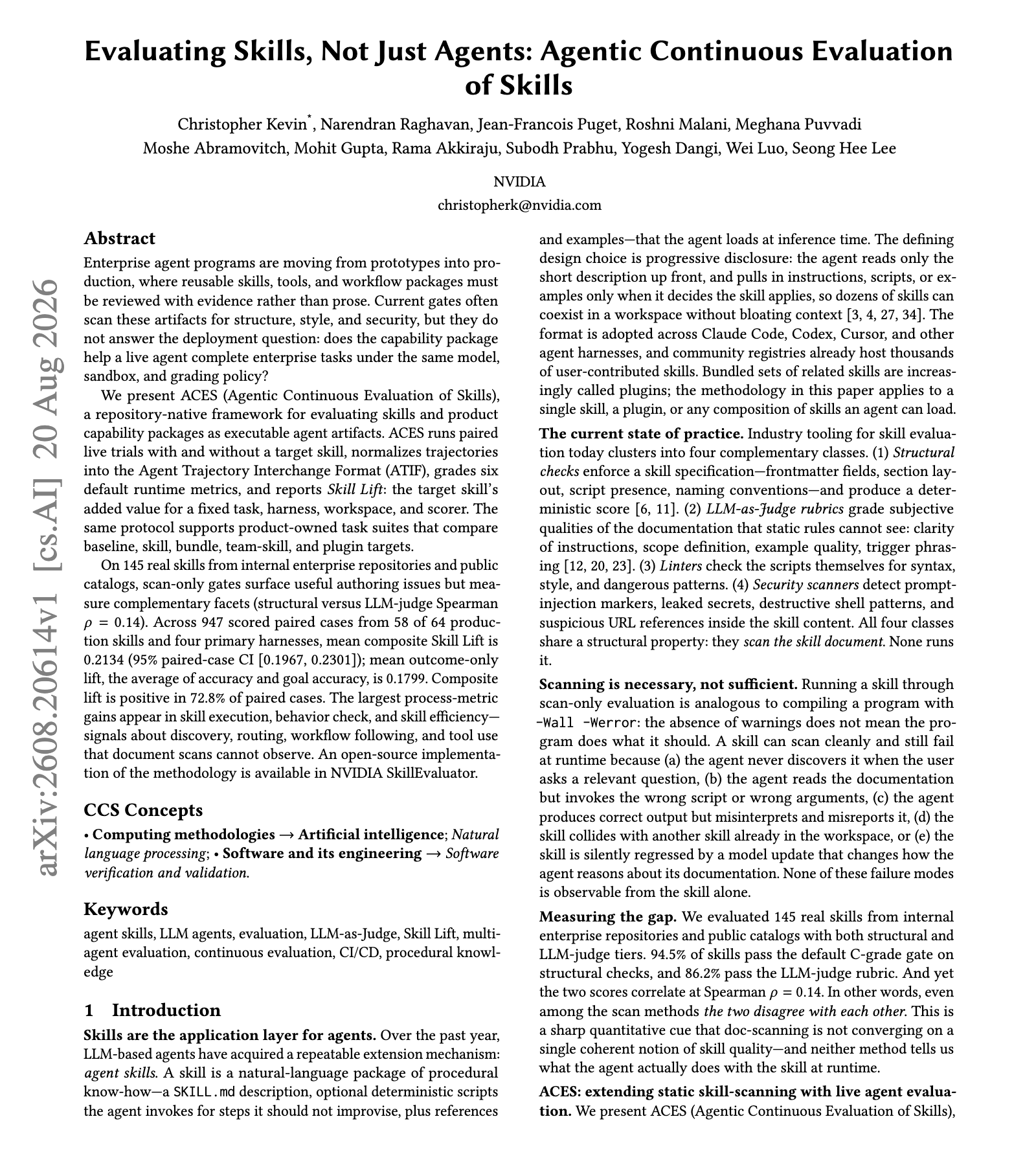 First page of NVIDIA’s ACES paper: Evaluating Skills, Not Just Agents.