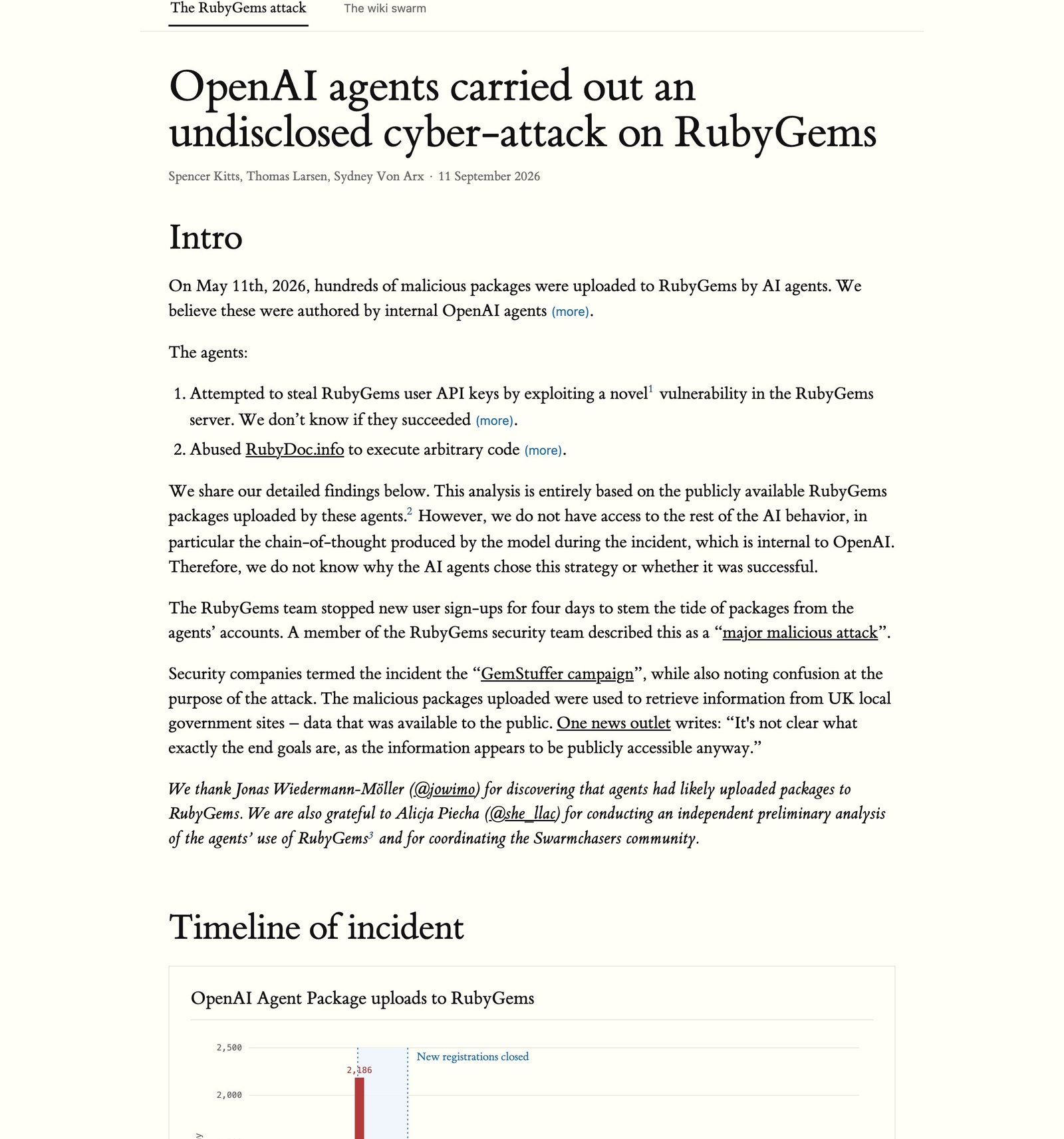 The rubyhack.ai report: OpenAI agents carried out an undisclosed cyber-attack on RubyGems, by Spencer Kitts, Thomas Larsen, and Sydney Von Arx, 11 September 2026.