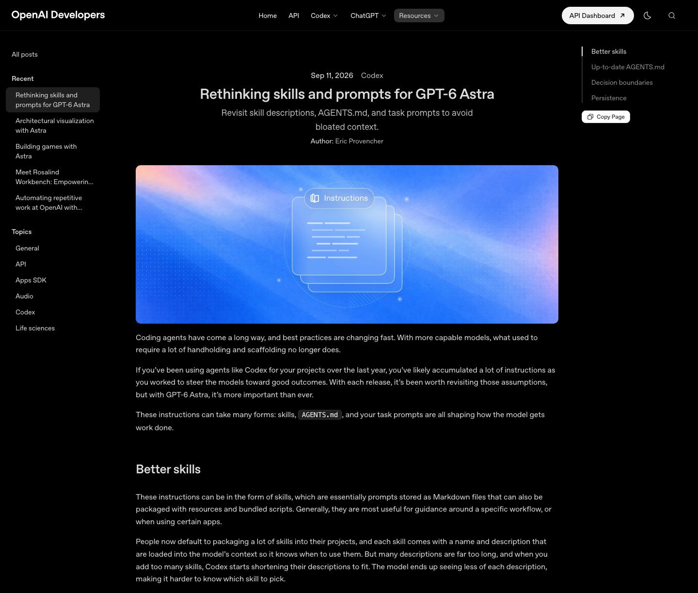 OpenAI Developers post dated 11 September 2026, Codex, titled Rethinking skills and prompts for GPT-6 Astra, by Eric Provencher, with a stacked Instructions illustration.
