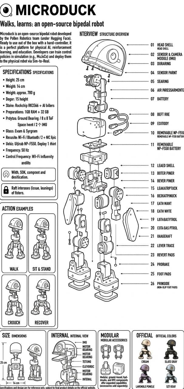 Black and white kit-manual exploded drawing of Microduck: head, neck, torso, battery, and paired leg joints, with action thumbnails for walk, sit, crouch, and recover.