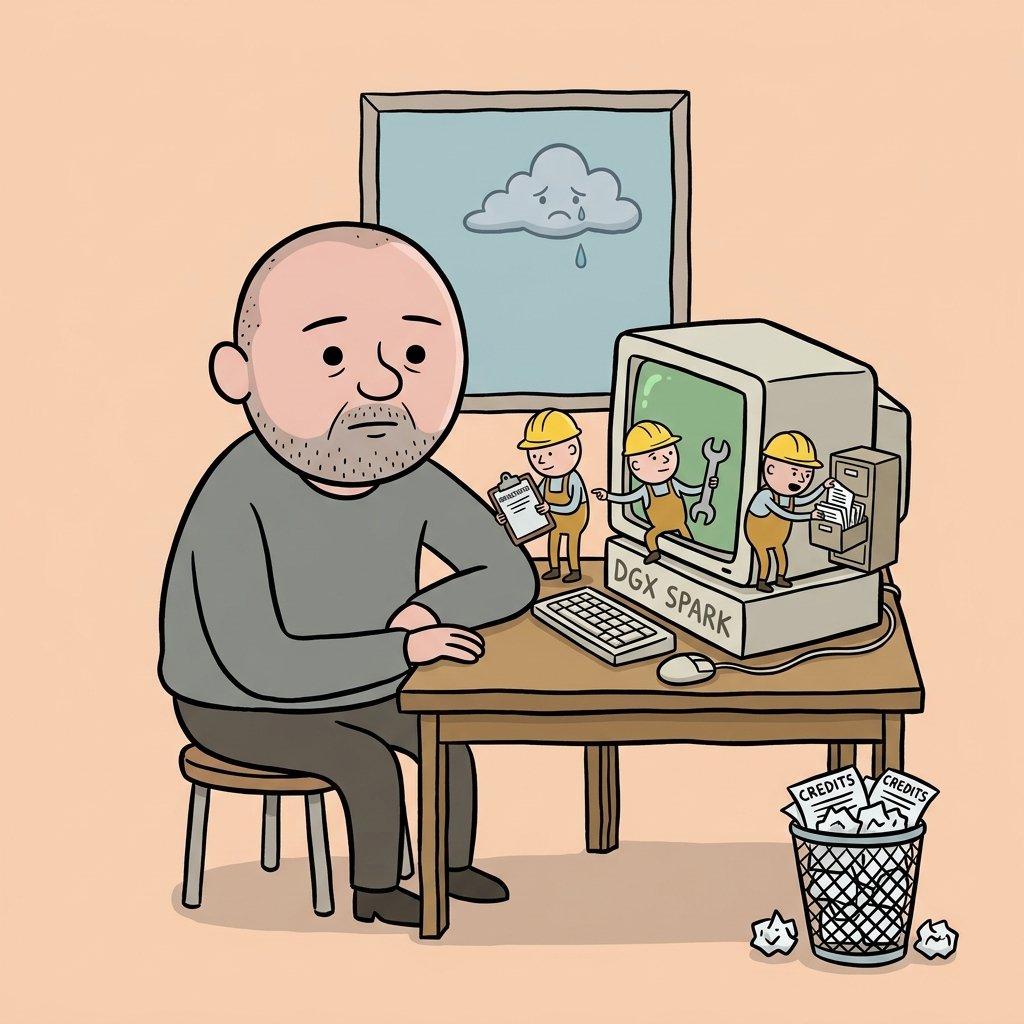 Ricky Gervais Show-style cartoon: a bald man sits deadpan at a desk with a computer labeled DGX SPARK; three tiny hard-hatted helpers pop out of its screen — one with an orchestrator clipboard, one with a wrench, one filing papers. Through the window a sad cloud drips; a bin overflows with crumpled papers marked credits.