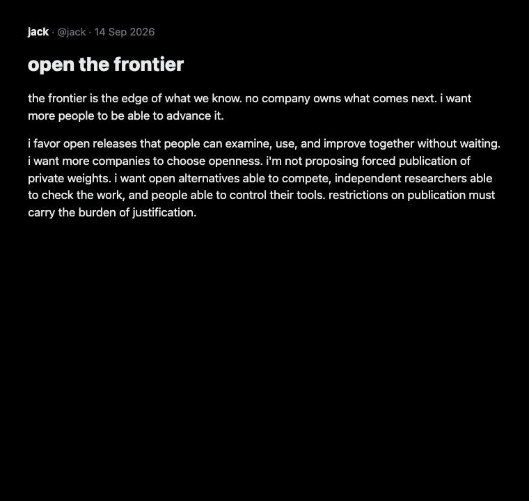 Recovered opening of Jack Dorsey's 14 September 2026 X Article, open the frontier.