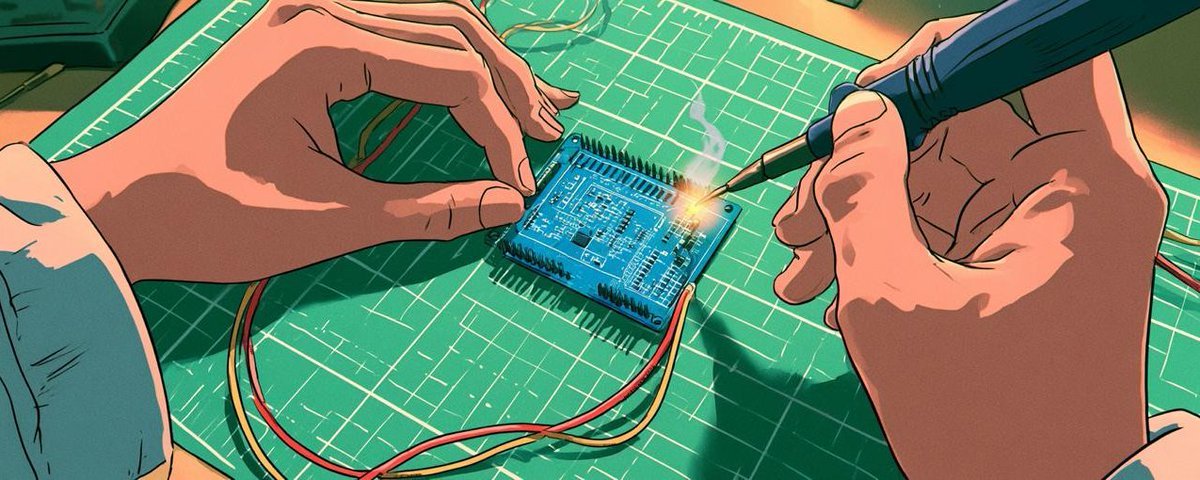 Cover of the article: a cartoon of hands soldering a microcontroller board on a green cutting mat.