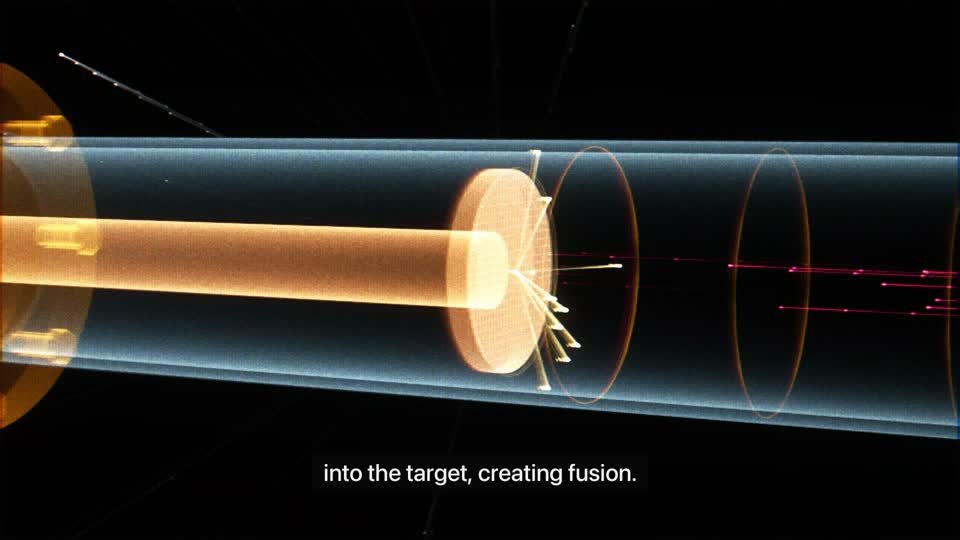 A diagram from Marathon Fusion's video showing an orange deuterium ion beam striking a circular target disk and releasing neutrons.