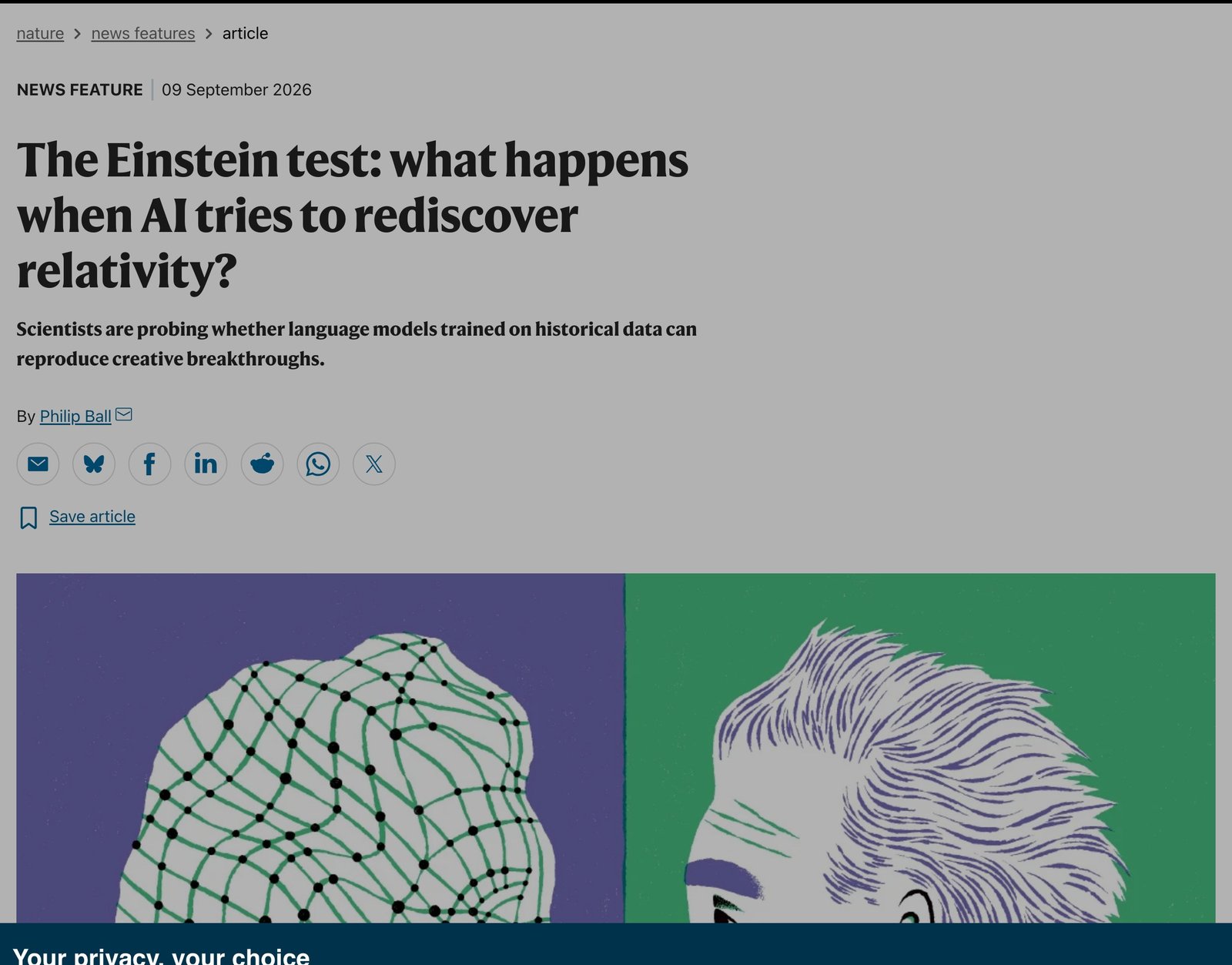 Nature news feature headline: The Einstein test: what happens when AI tries to rediscover relativity?