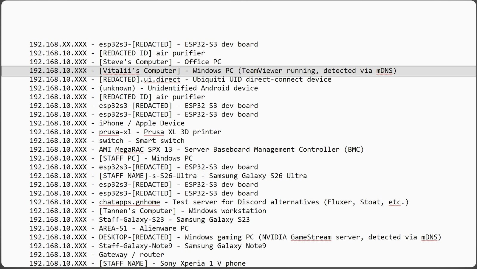 Redacted list of devices found on the Gamers Nexus network, with names and internal IPs.