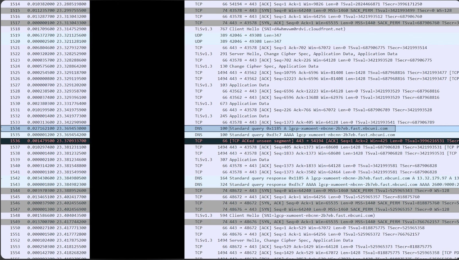 Wireshark packet list with a DNS query to an nbcuni host highlighted.