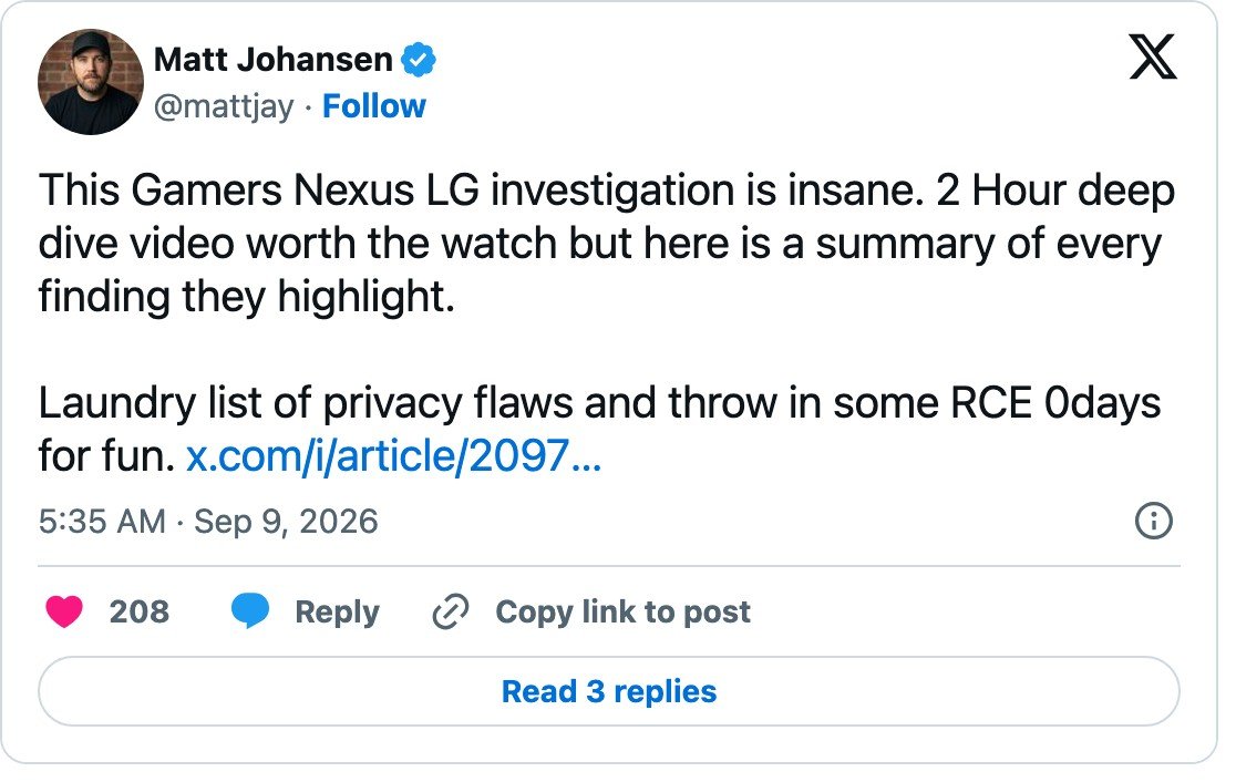 Matt Johansen's post linking a summary of the Gamers Nexus LG investigation.