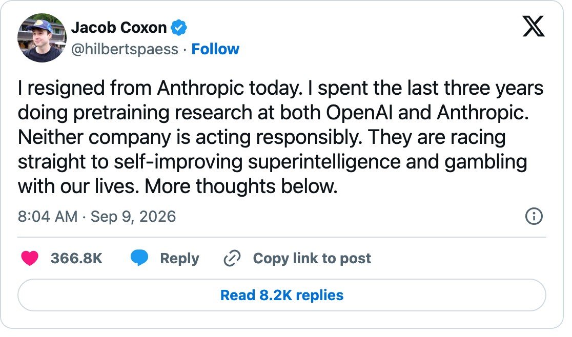 Jacob Coxon's first post: he resigned from Anthropic that day.