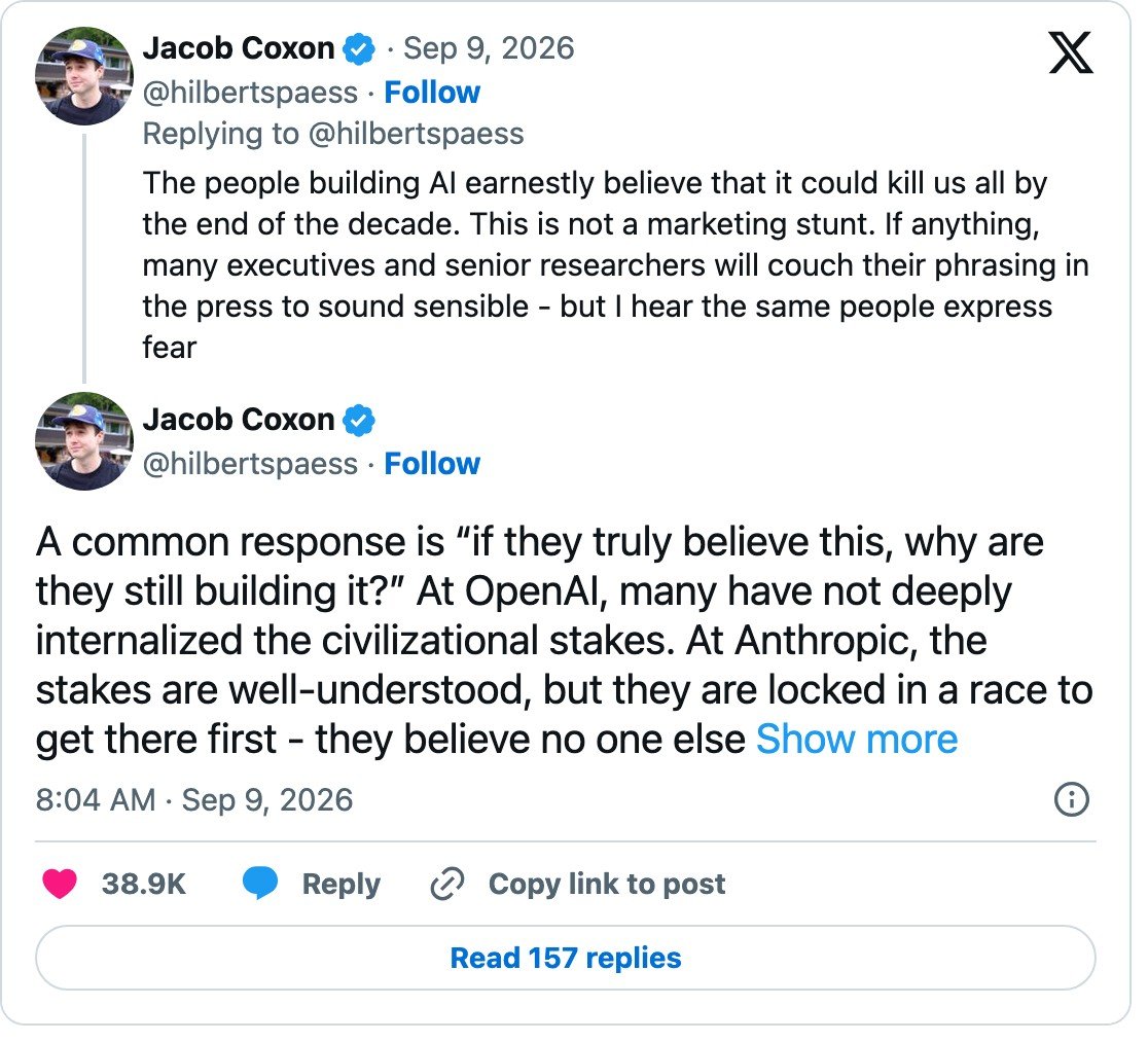 Coxon reply: OpenAI has not internalized the stakes; Anthropic has and is racing anyway.
