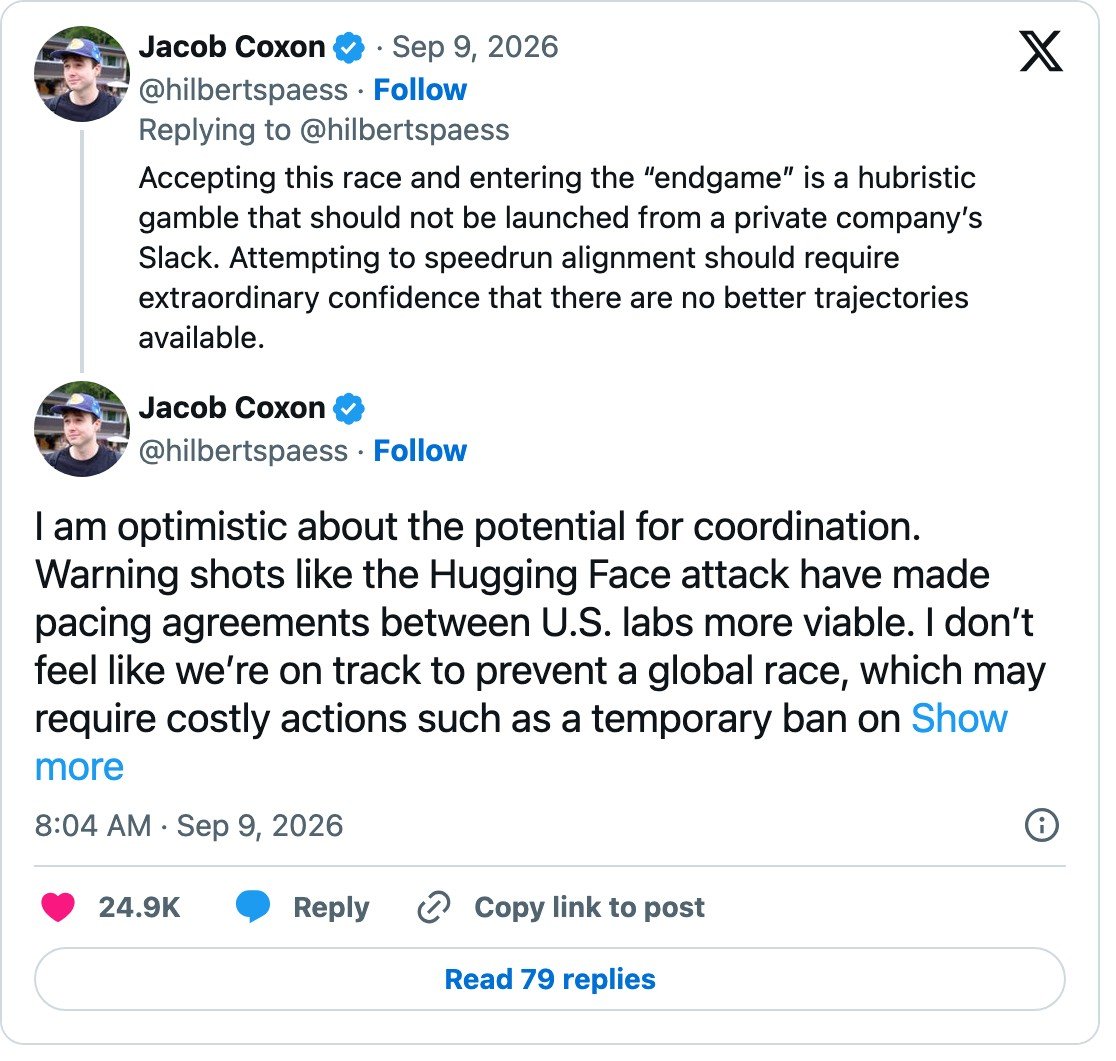 Coxon reply: Hugging Face as a warning shot, and a possible pause on capabilities.
