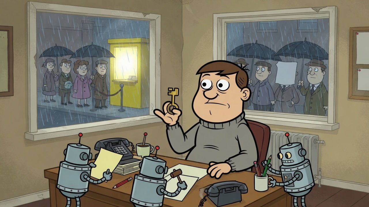 Hanna-Barbera-style cartoon: a man at a desk holds a key while small robots sort papers; through rainy windows, people queue at a single booth.