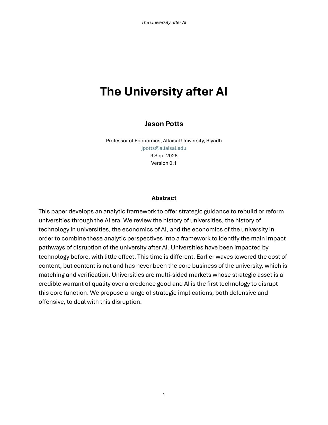 First page of Jason Potts, The University after AI, 9 September 2026, version 0.1.
