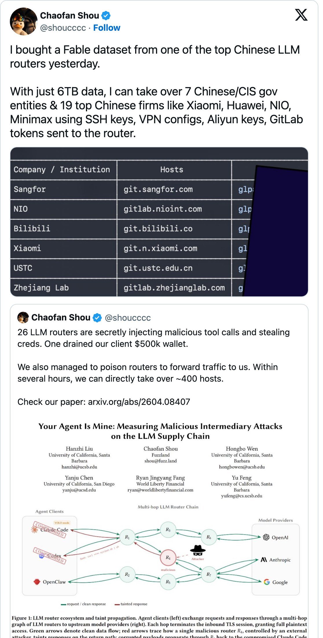 Shou's 10 September 2026 post quoting the April paper thread, with a cropped table of git hosts.